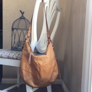 HOBO bag. Tan distressed leather. Hobo style. 12” x 15”. Very nice condition!!